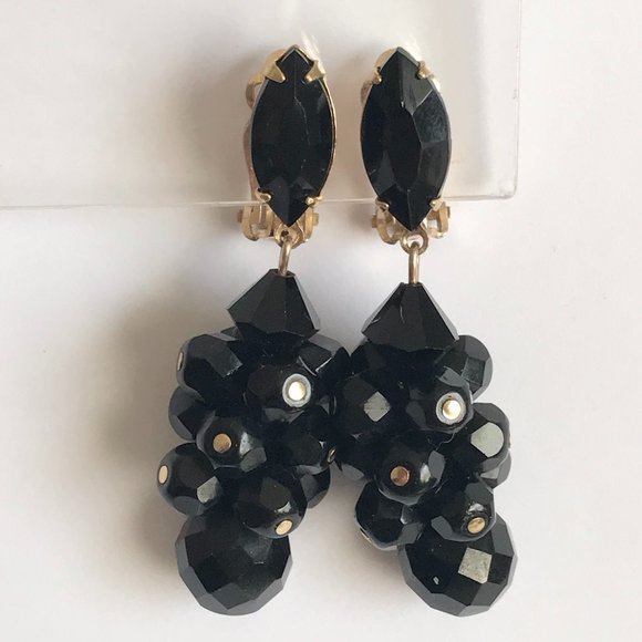 Vintage Lewis Segal California Black Faceted Bead Clip On Earrings Gold Tone - Picture 2 of 11